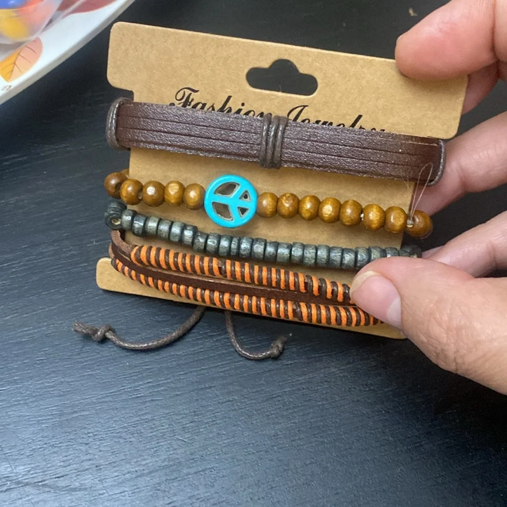 4pc Multi-layer Cool Bracelet,‎ Unisex Wooden Beads PU Leather Braided Bracelet